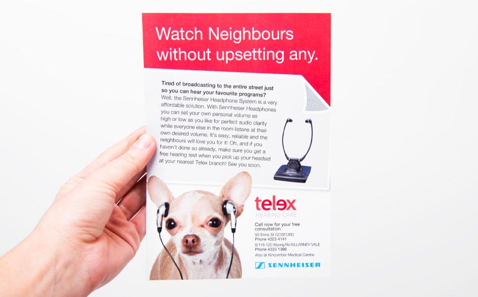 Telex flyer design – Watch Neighbours without upsetting any