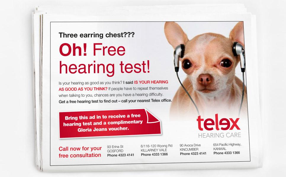 Telex advertisment design – Three earring chest??? Oh! Free hearing test!